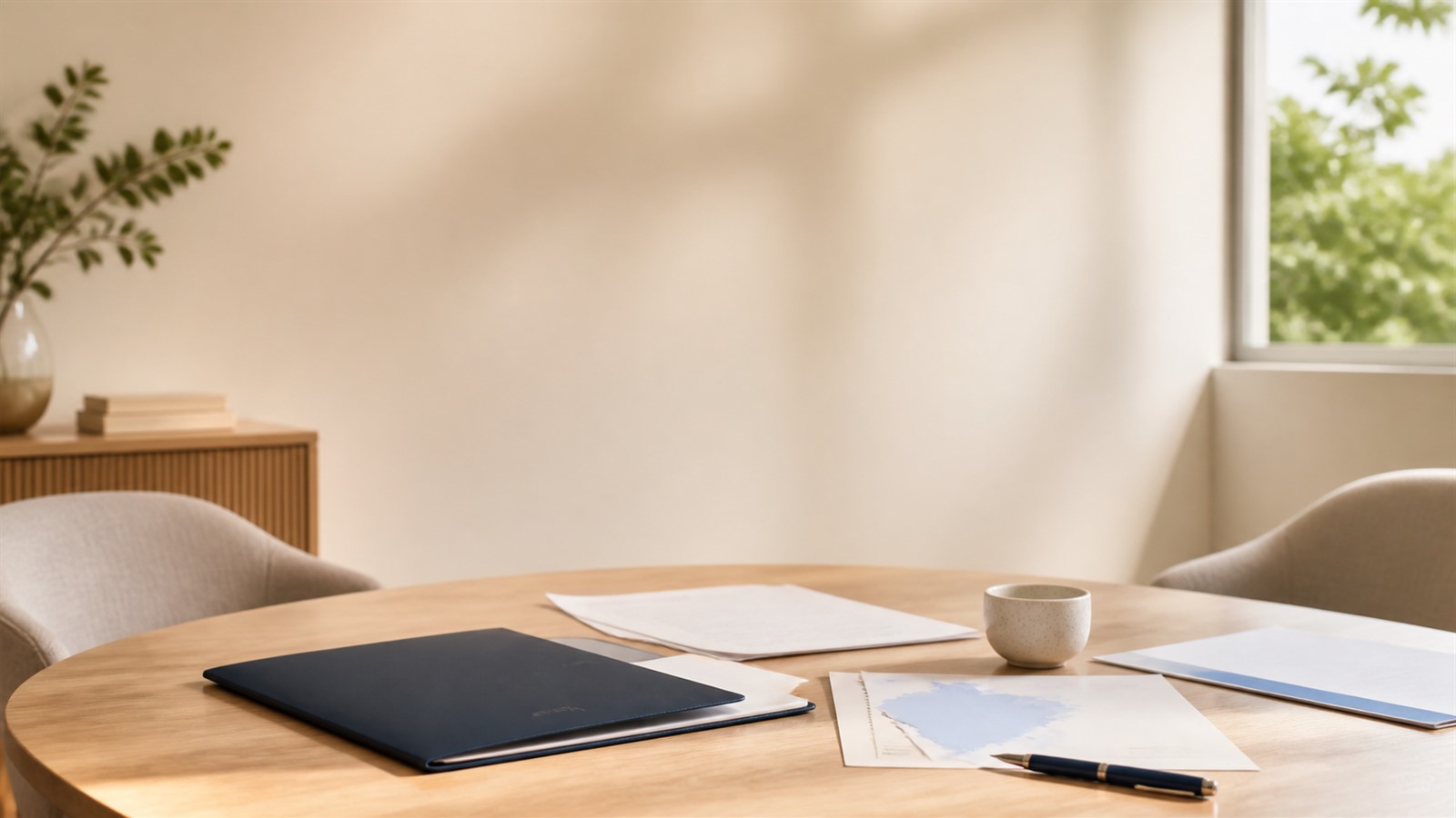 Empty professional consultation table with blank planning papers, a navy folder and warm daylight