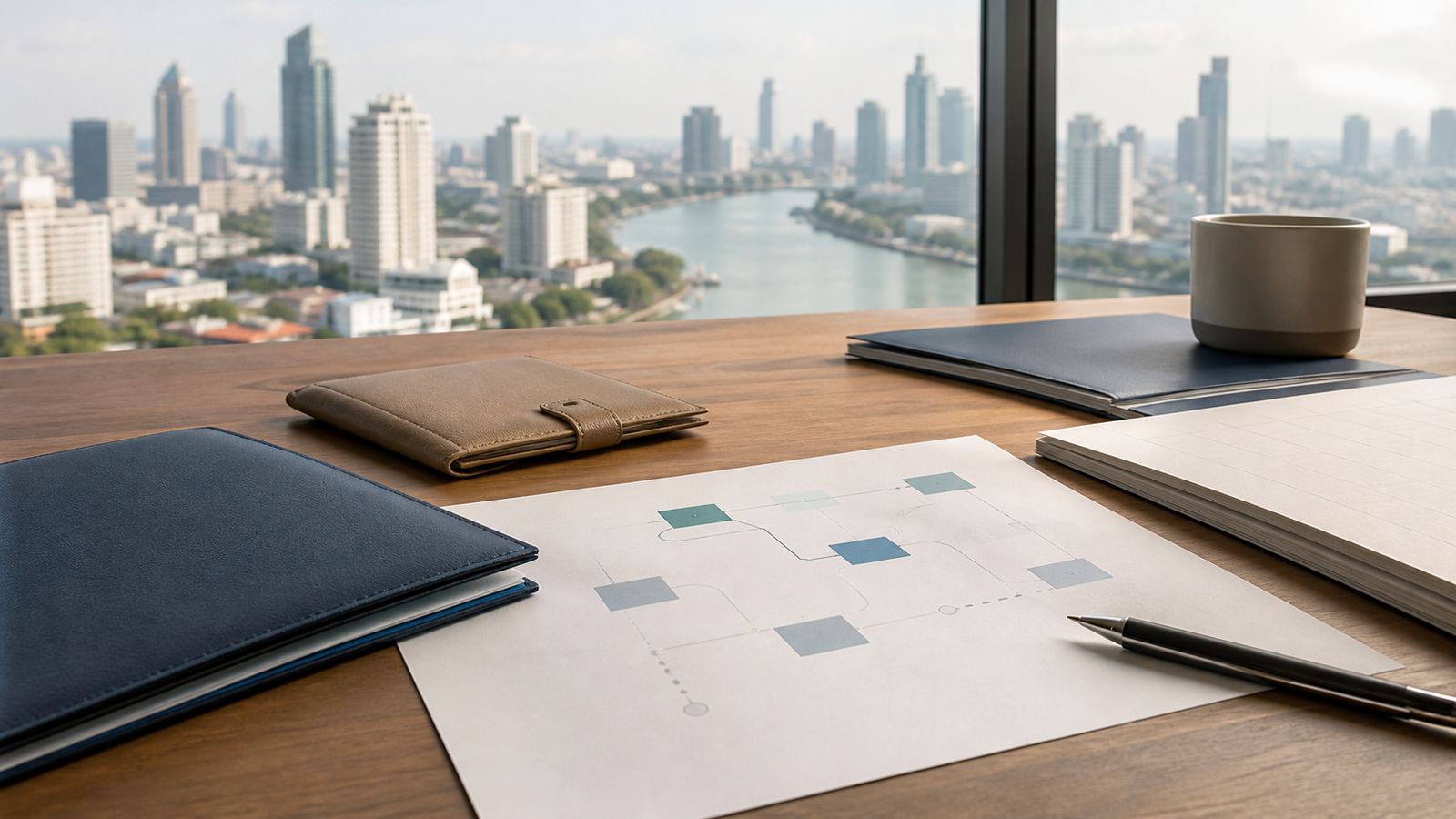 Bangkok river skyline beyond blank treaty papers, a navy folio and an abstract Australia-to-Thailand tax diagram