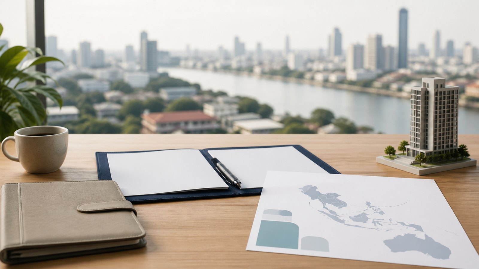 Bangkok river skyline beyond blank relocation papers, an Australia-to-Thailand route sheet and a model tower