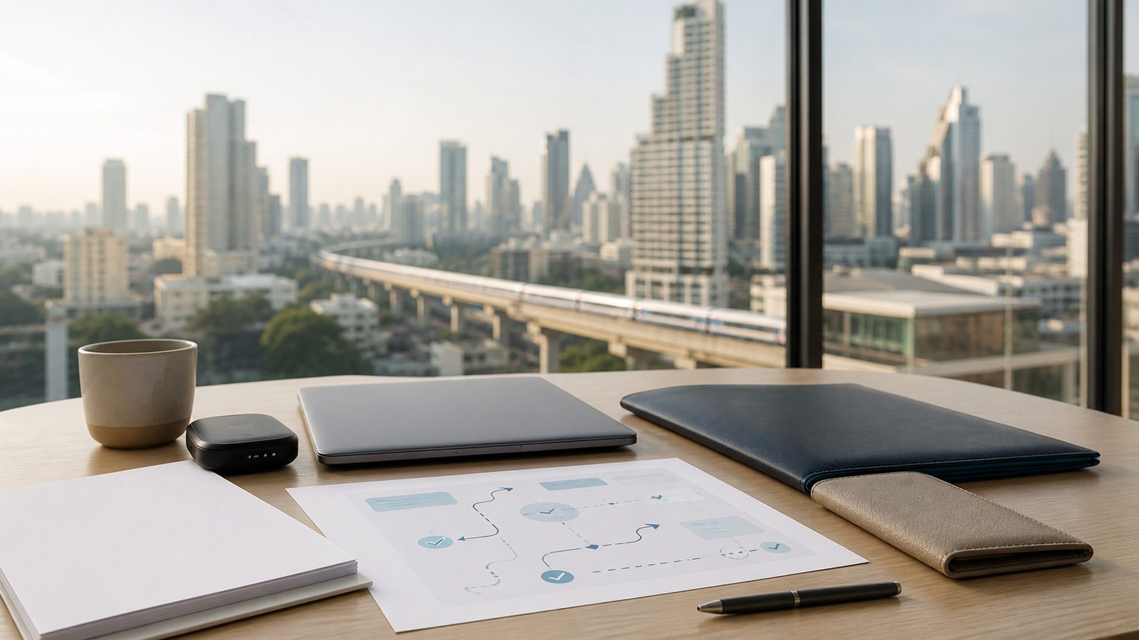 Bangkok rail skyline beyond a closed laptop, blank DTV papers and an abstract compliance sheet
