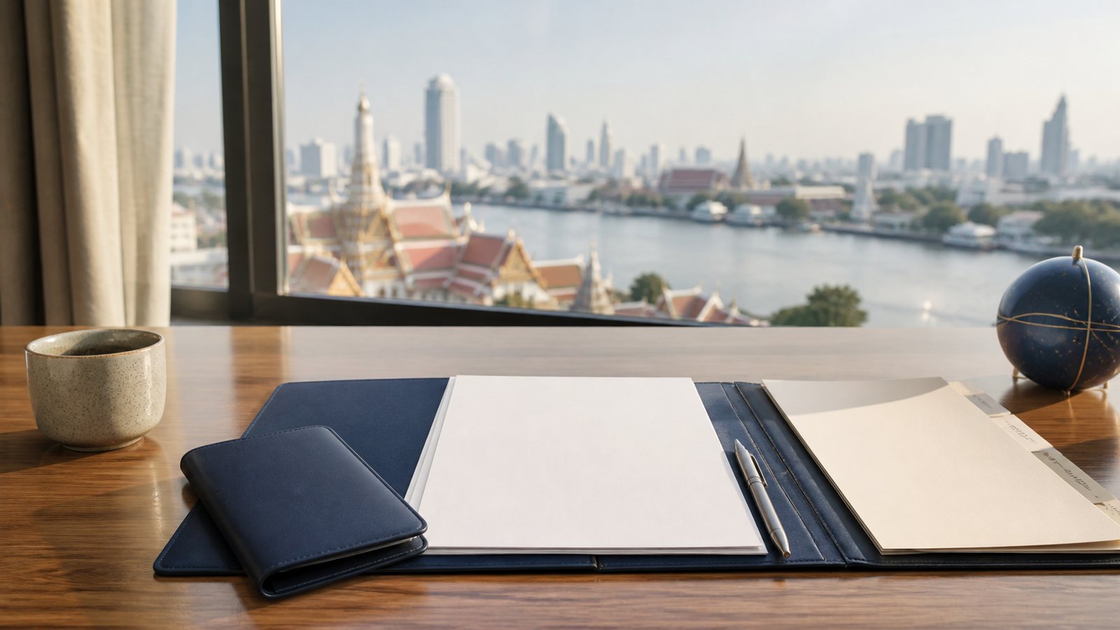 Blank consular planning papers, a navy folio and Bangkok river architecture beyond a bright desk