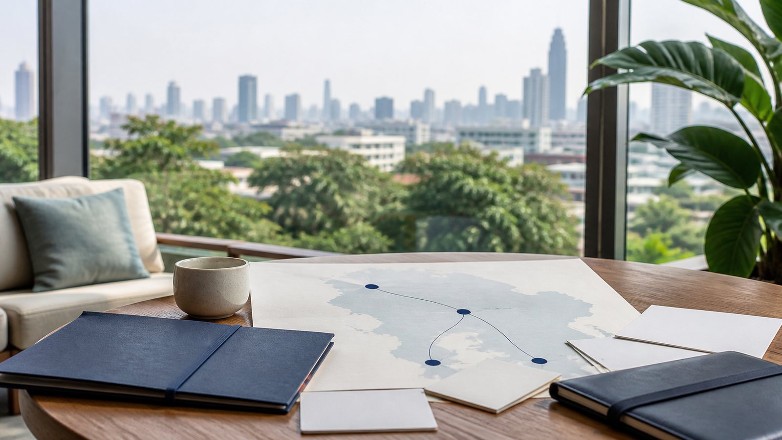 Blank community planning cards, navy folders and abstract connection marks overlooking Bangkok greenery