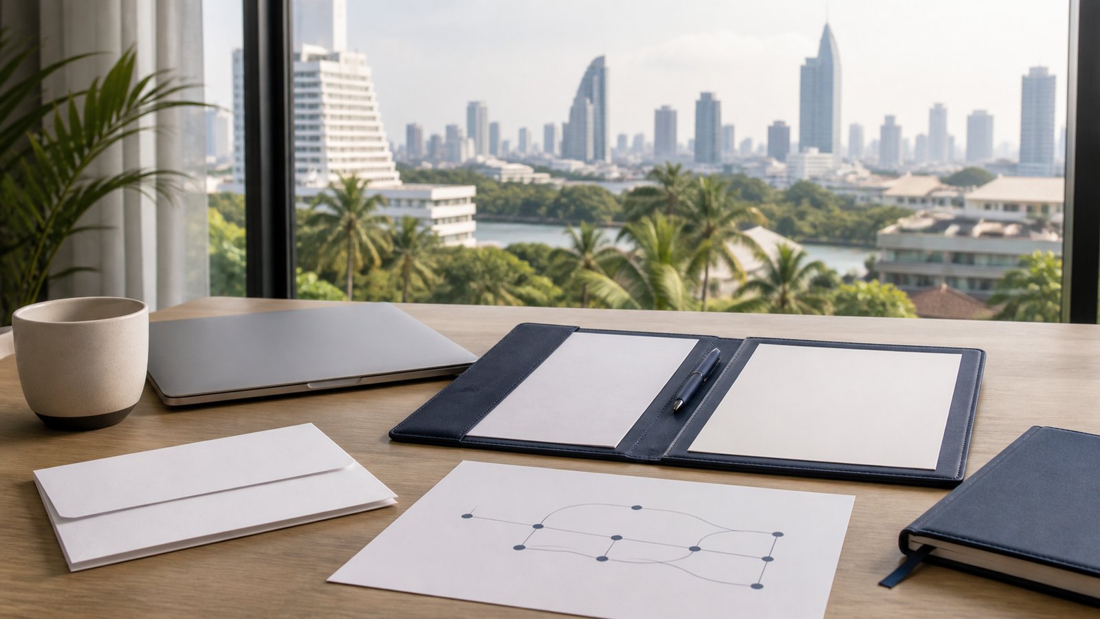 Blank superannuation planning papers, navy folders and abstract account flow marks overlooking Bangkok