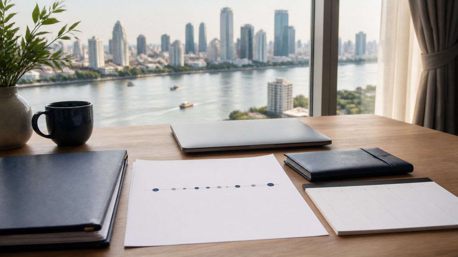Blank tax residency planning papers, a navy folio and timeline marks above the Bangkok river