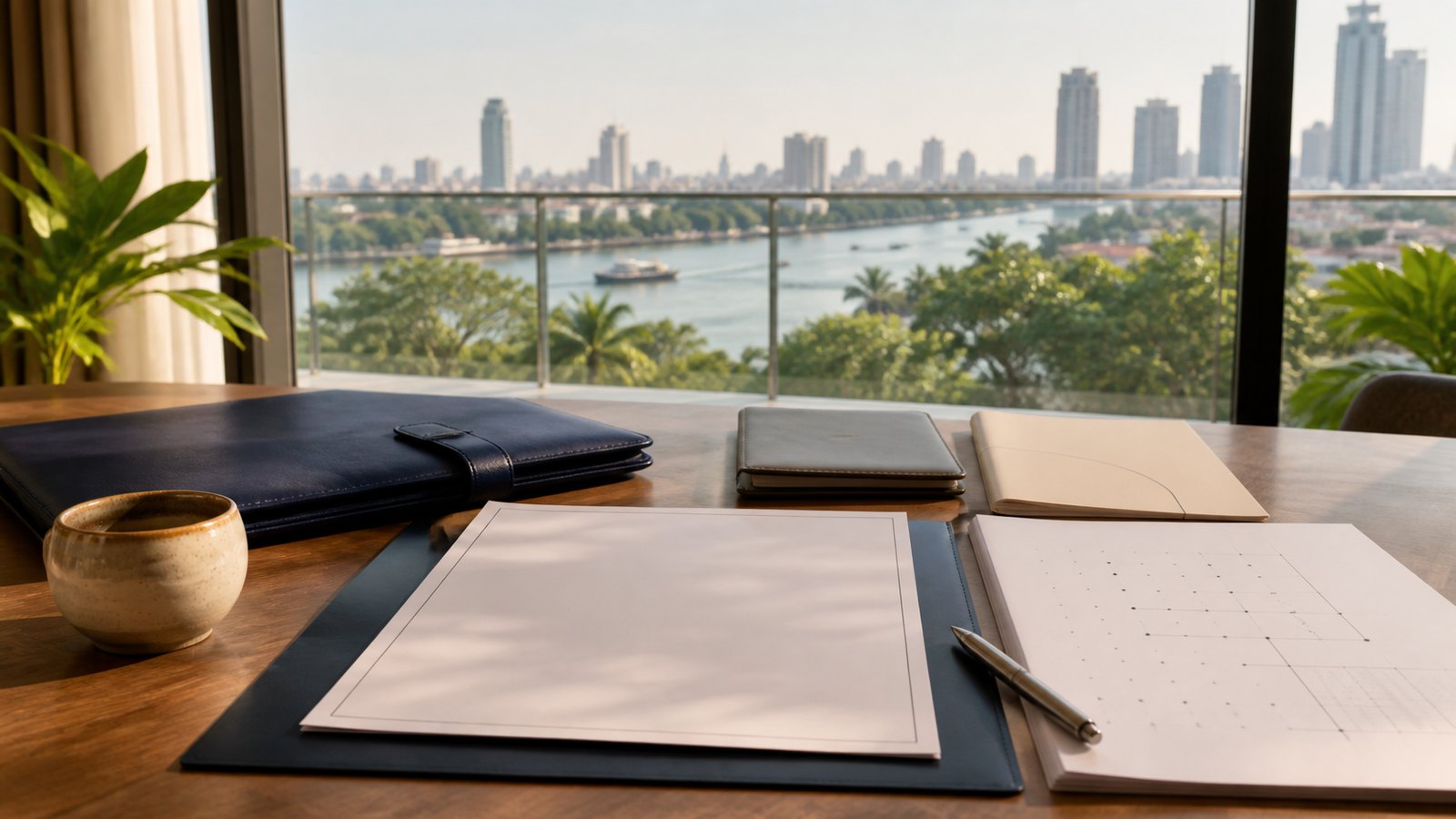 Blank retirement planning papers, a navy travel folio and Bangkok river skyline in warm daylight