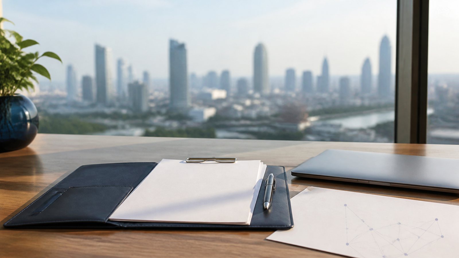 Blank work planning papers, a navy folio and Bangkok office architecture beyond a bright desk