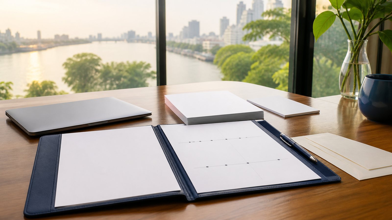Blank overseas benefit planning papers, a navy folio and Bangkok river skyline in warm daylight