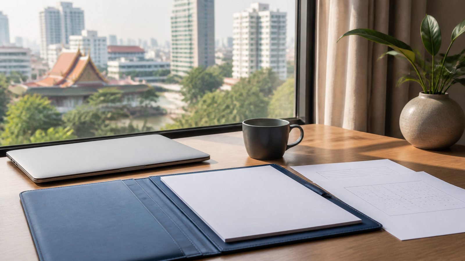 Blank cost-of-living planning papers, a navy folio and Bangkok apartment skyline in warm daylight
