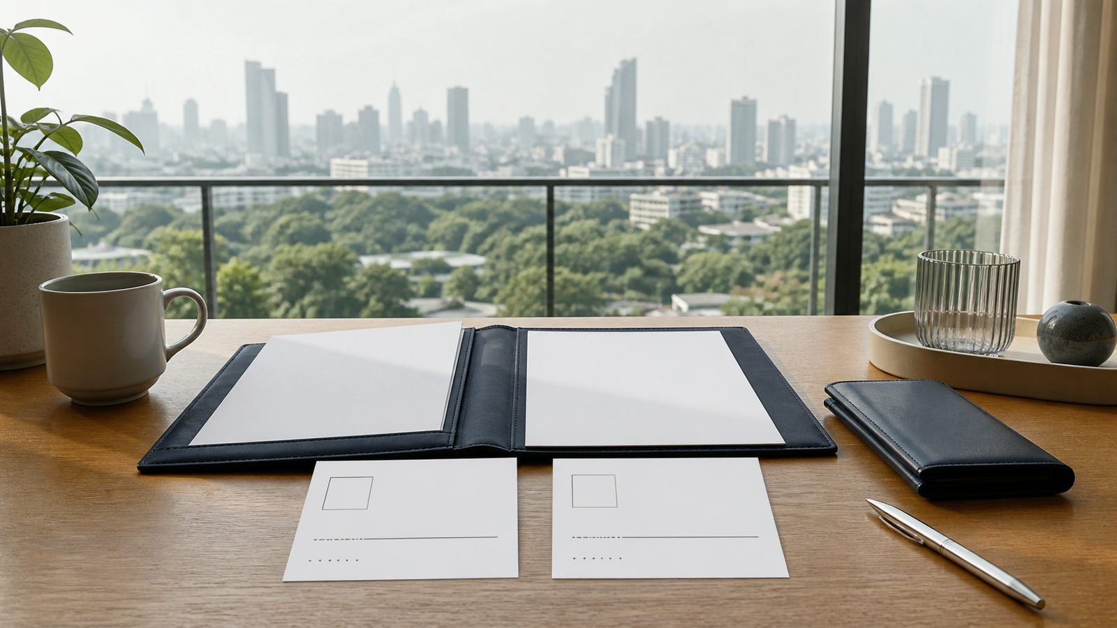 Blank visa route comparison cards, a navy folio and Bangkok skyline in soft daylight