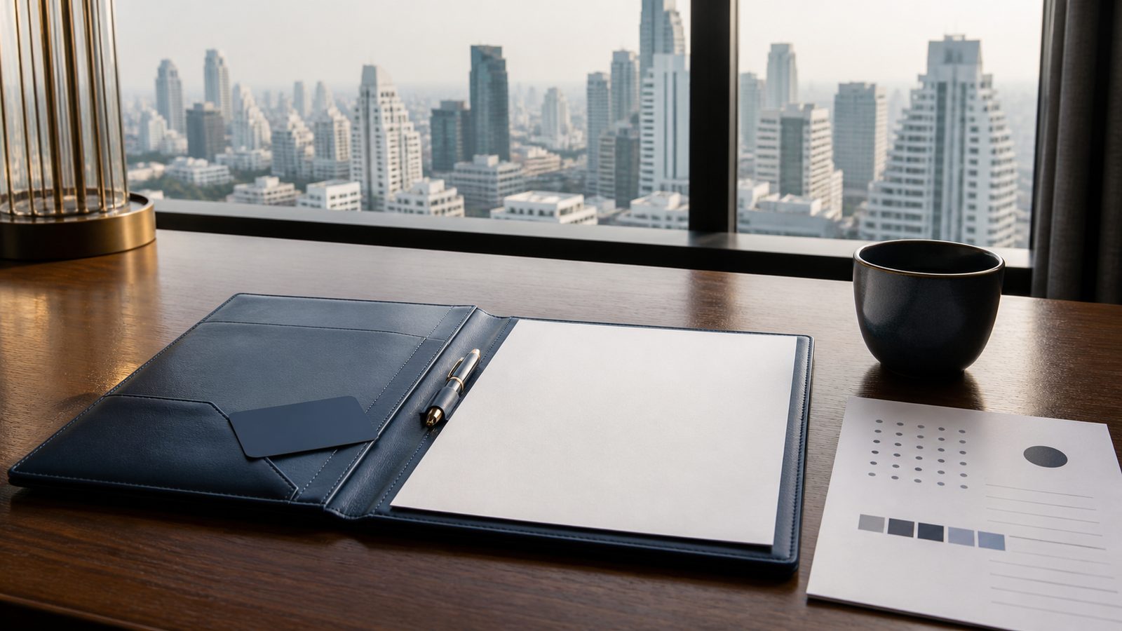 Blank premium visa planning papers, a navy folio and Bangkok high-rise lounge view