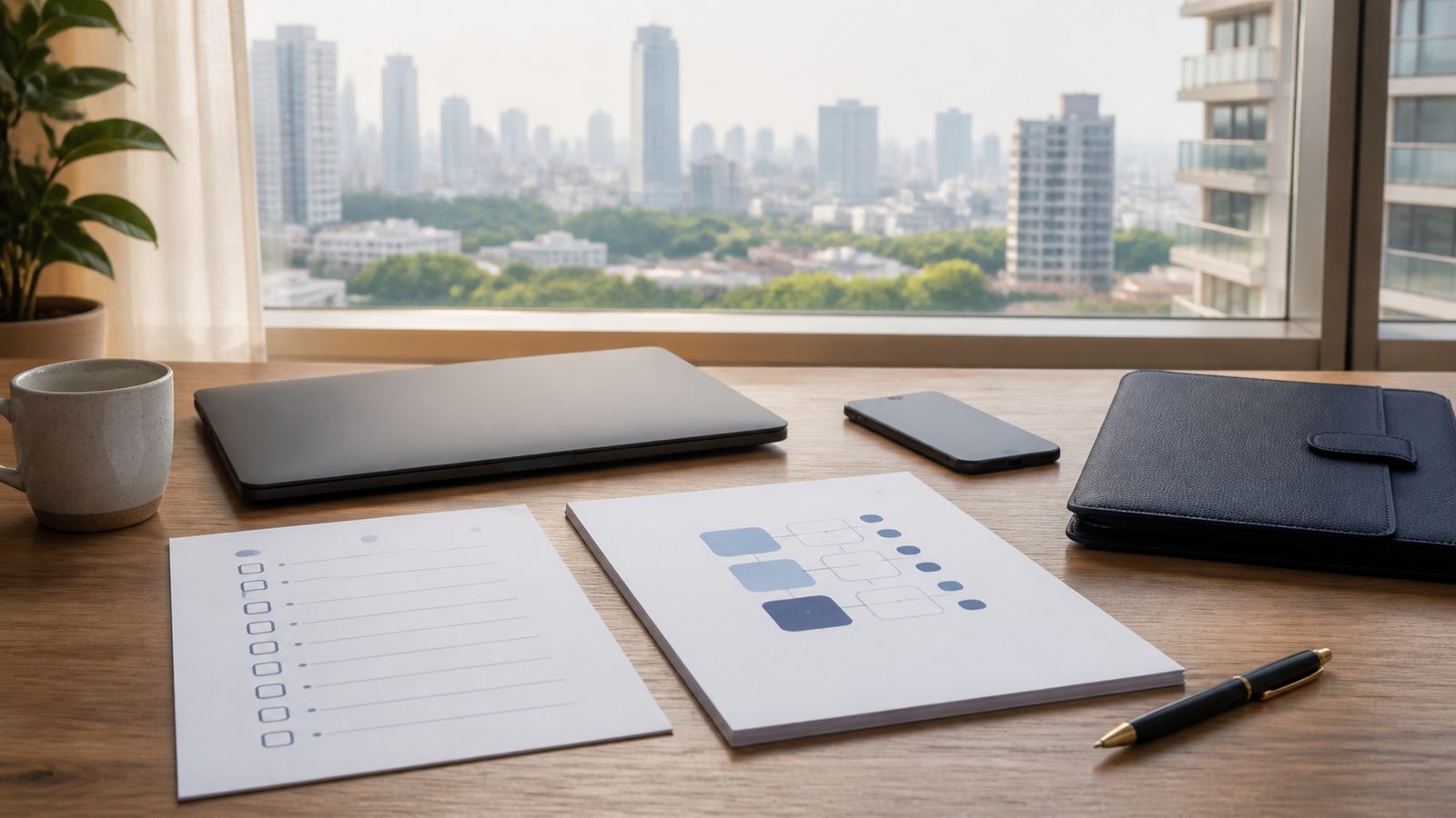 Blank relocation checklist papers, face-down devices and Bangkok apartment skyline