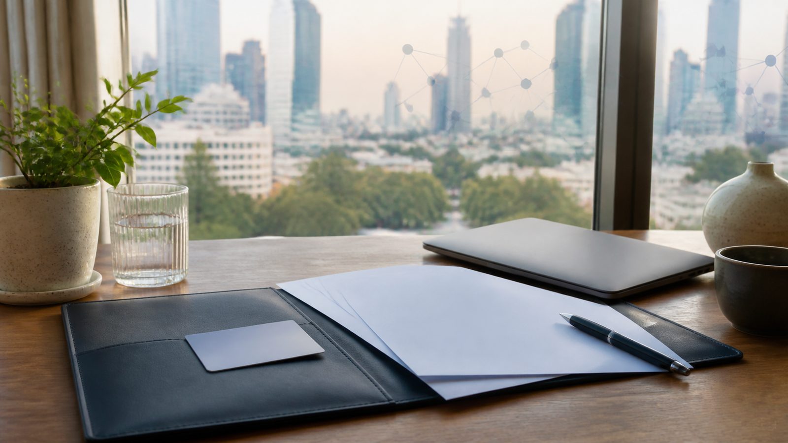 Blank healthcare planning papers, a navy folio and Bangkok skyline in warm daylight
