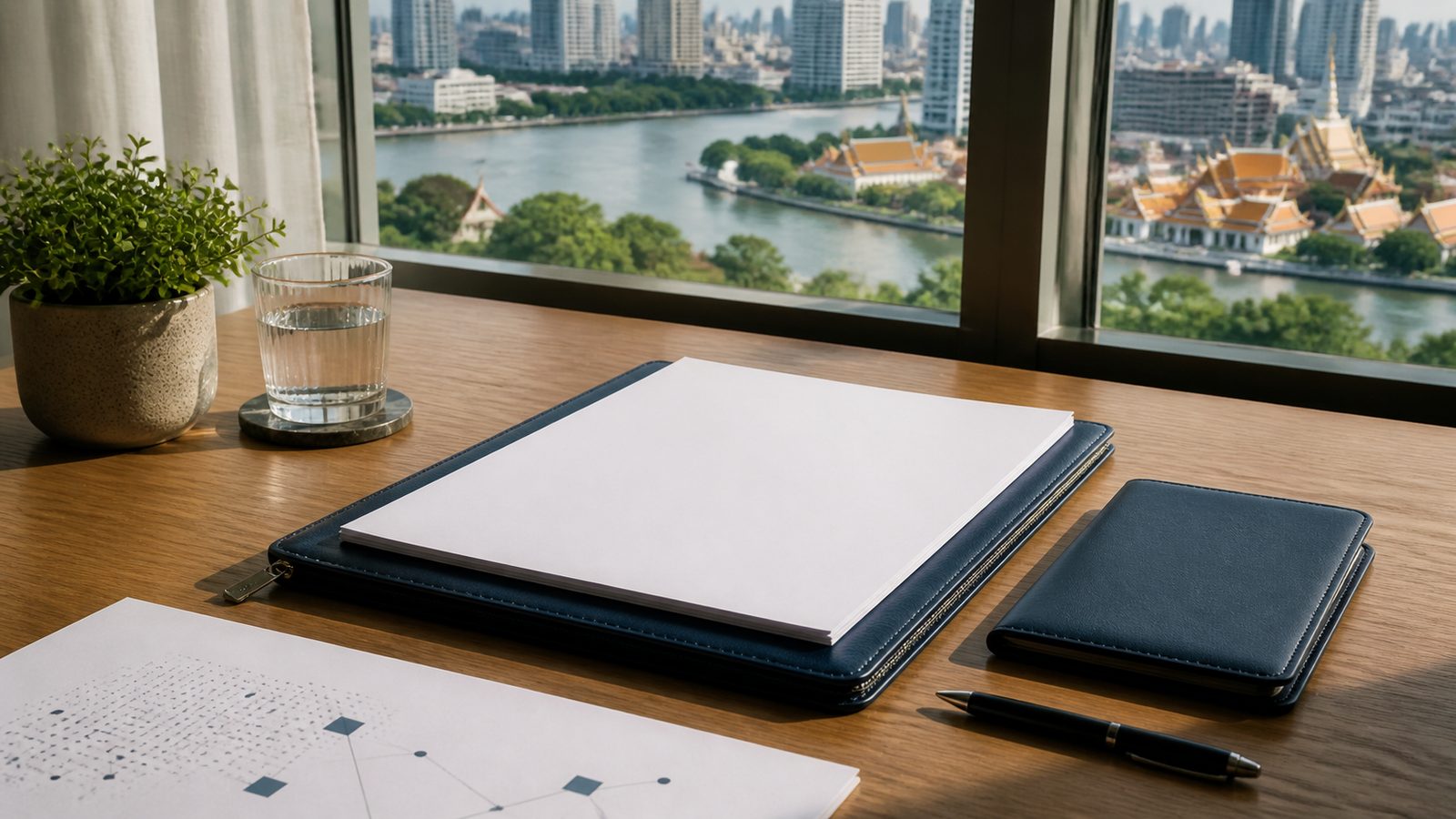 Blank travel safety planning papers, a navy folio and Bangkok river skyline in calm daylight