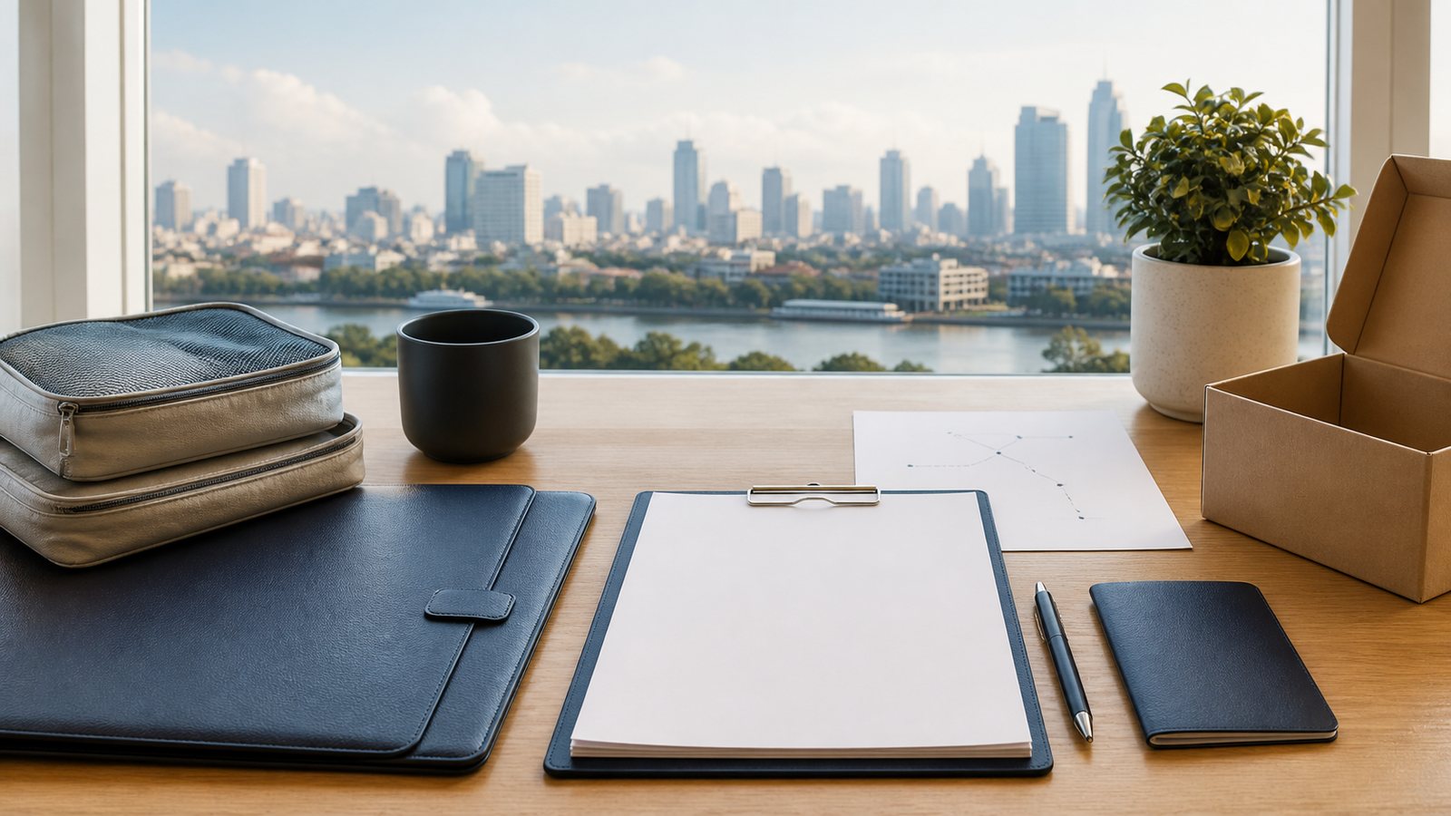 Blank relocation planning papers, packing cubes and Bangkok skyline in warm daylight