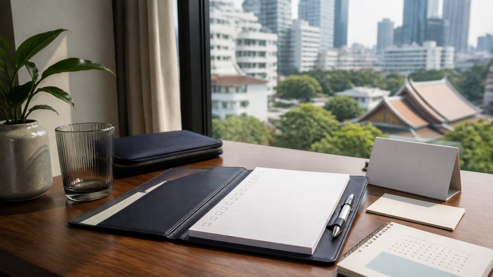 Blank moving checklist, navy folio and Bangkok city architecture beside a bright window