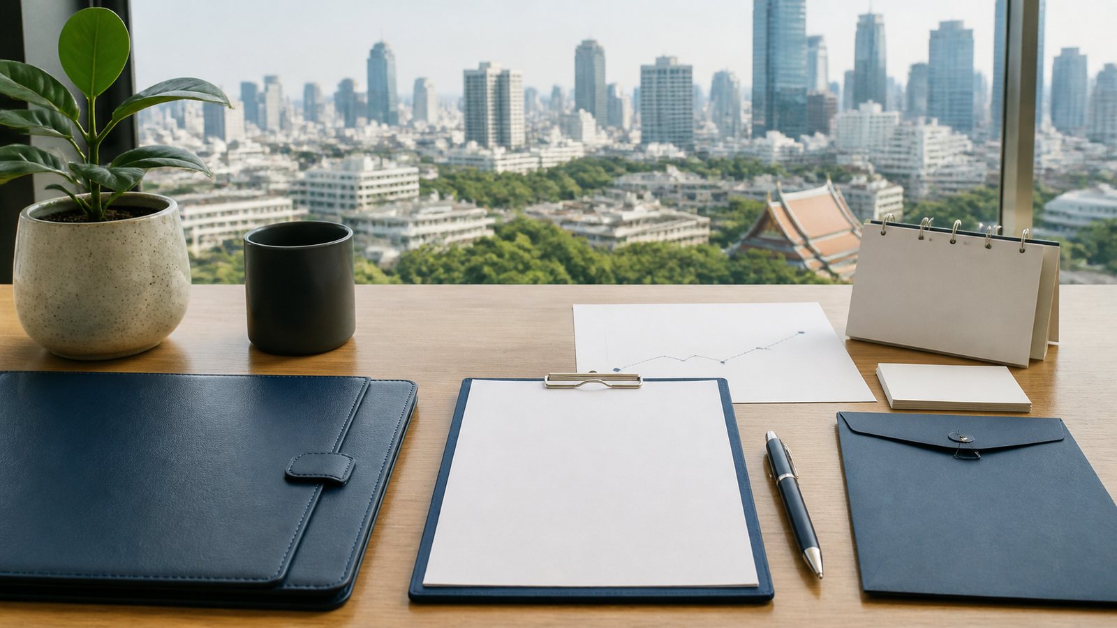 Blank retirement visa balance planning papers, navy folio and Bangkok skyline