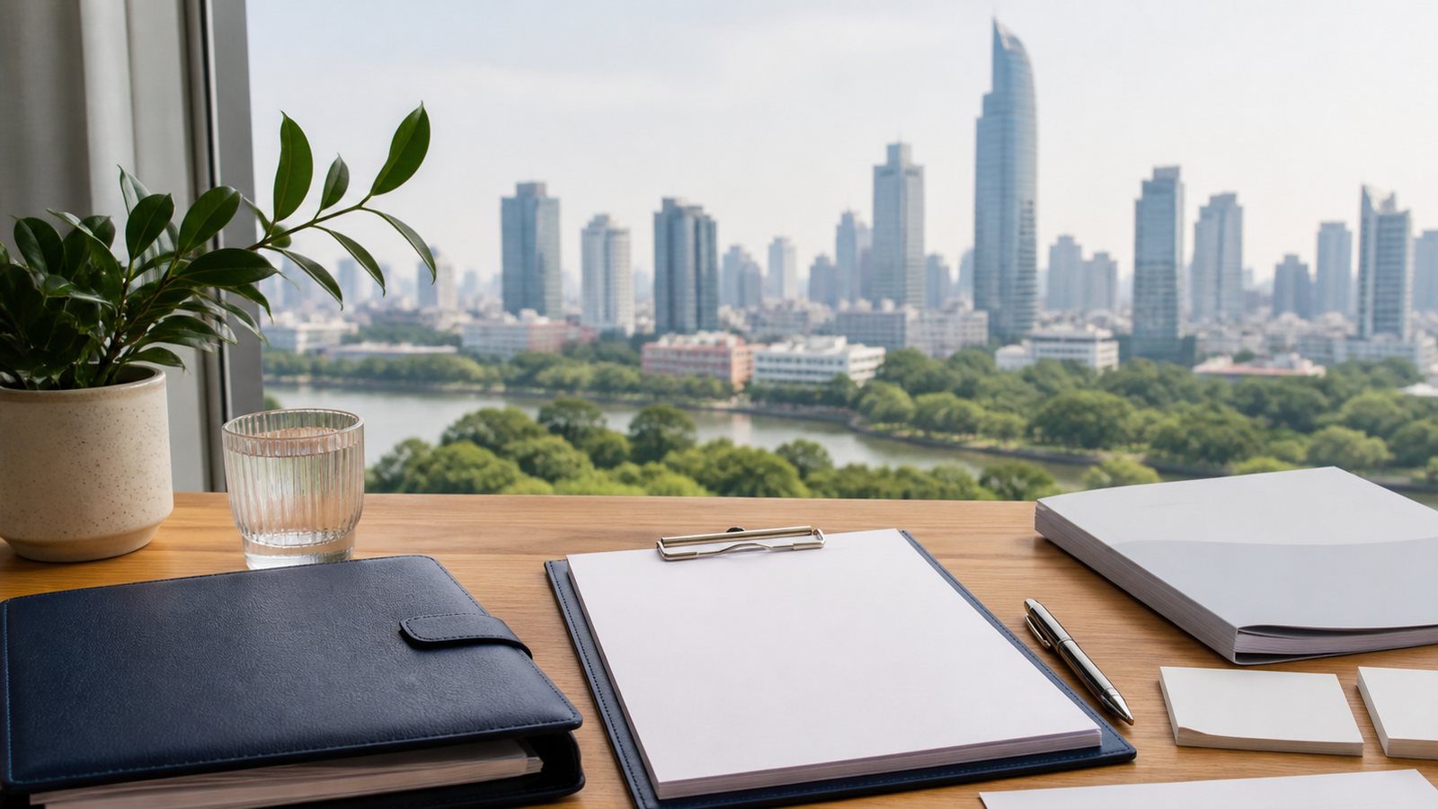 Blank health insurance planning papers, navy folio and Bangkok river skyline