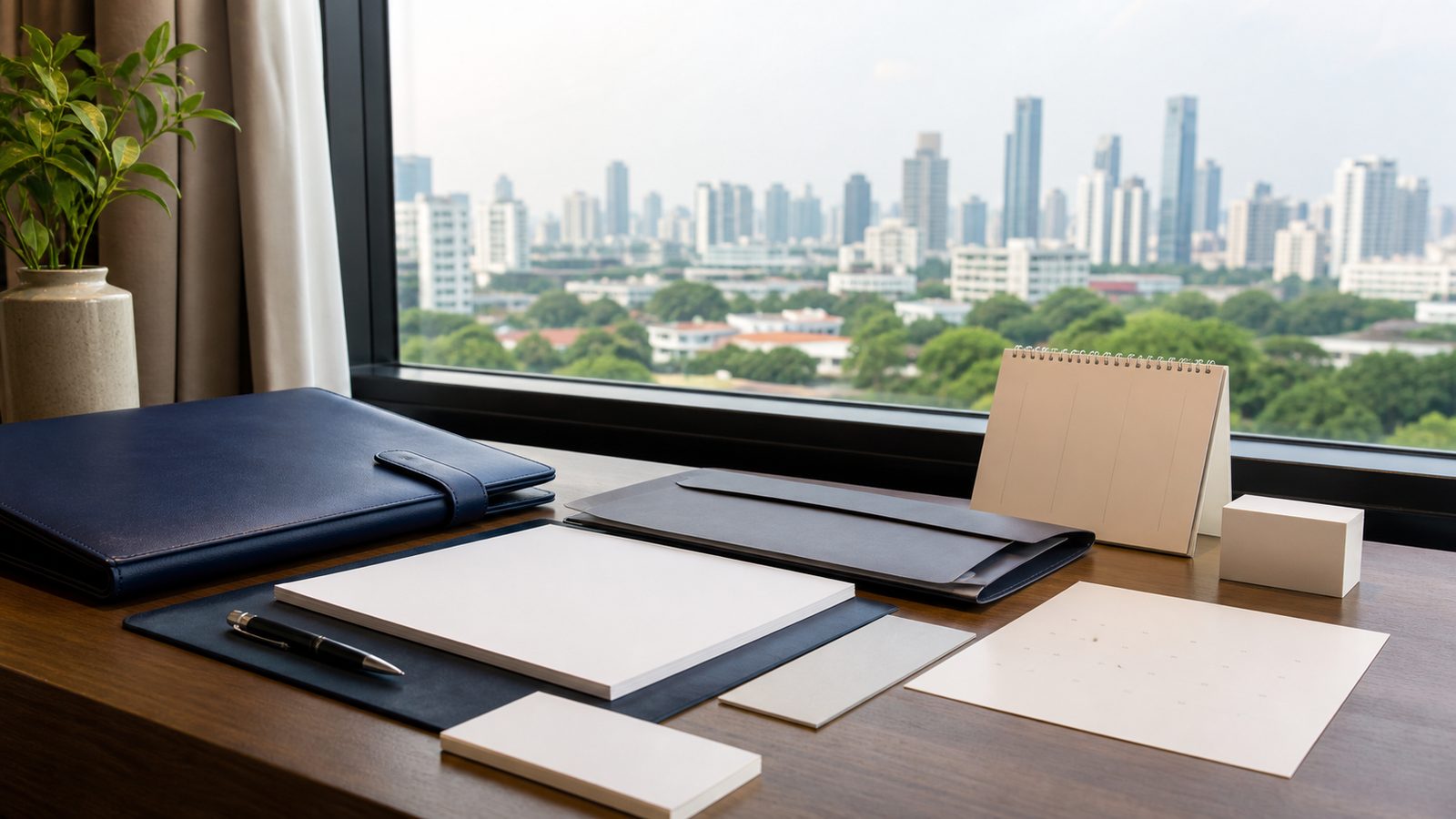 Blank superannuation planning papers, navy folio and Bangkok skyline