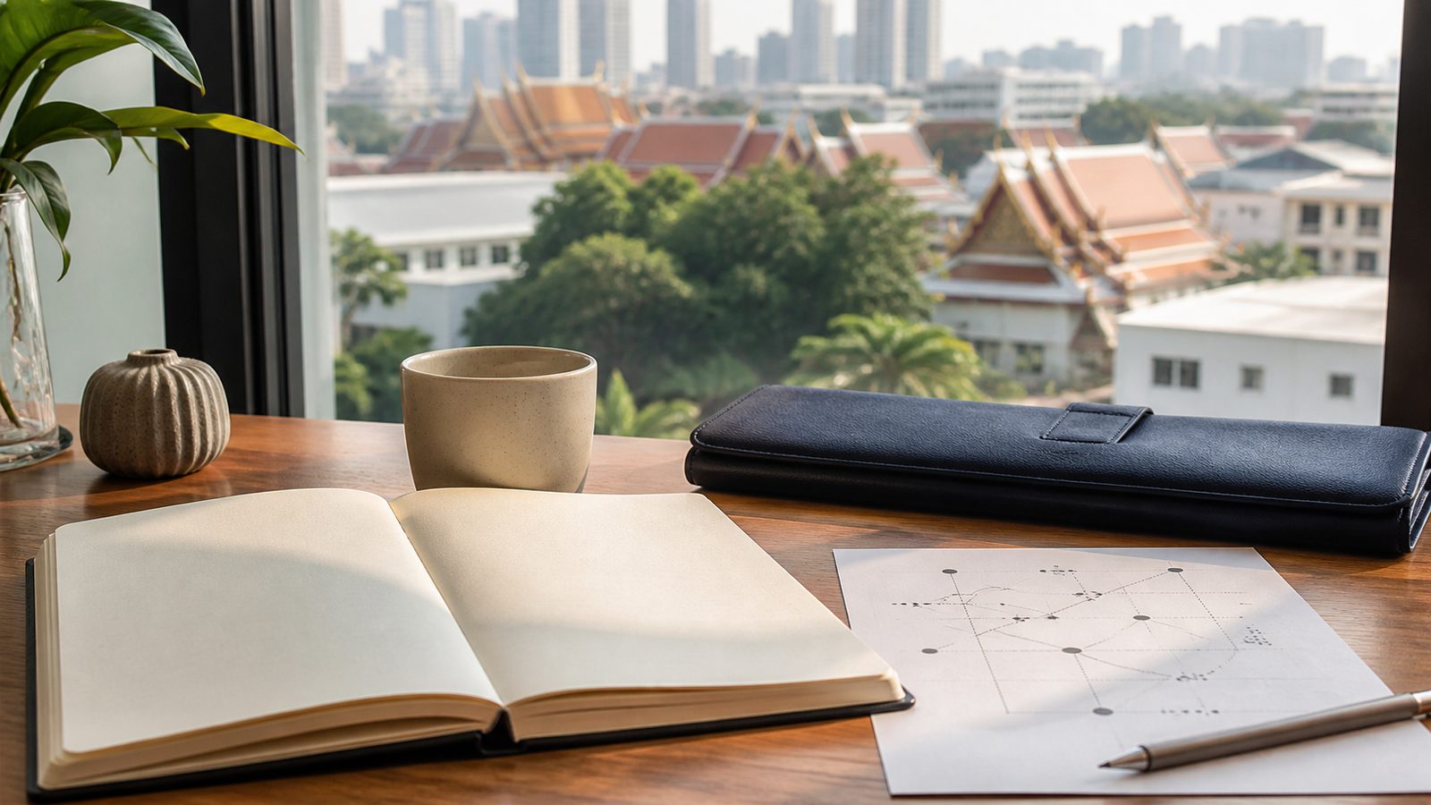 Blank culture planning notebook, navy folio and Thai architecture beyond a window