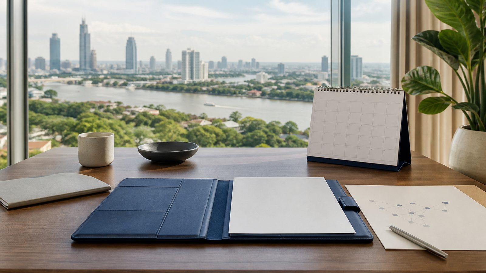 Blank retirement visa planning papers, navy folio and Bangkok river skyline