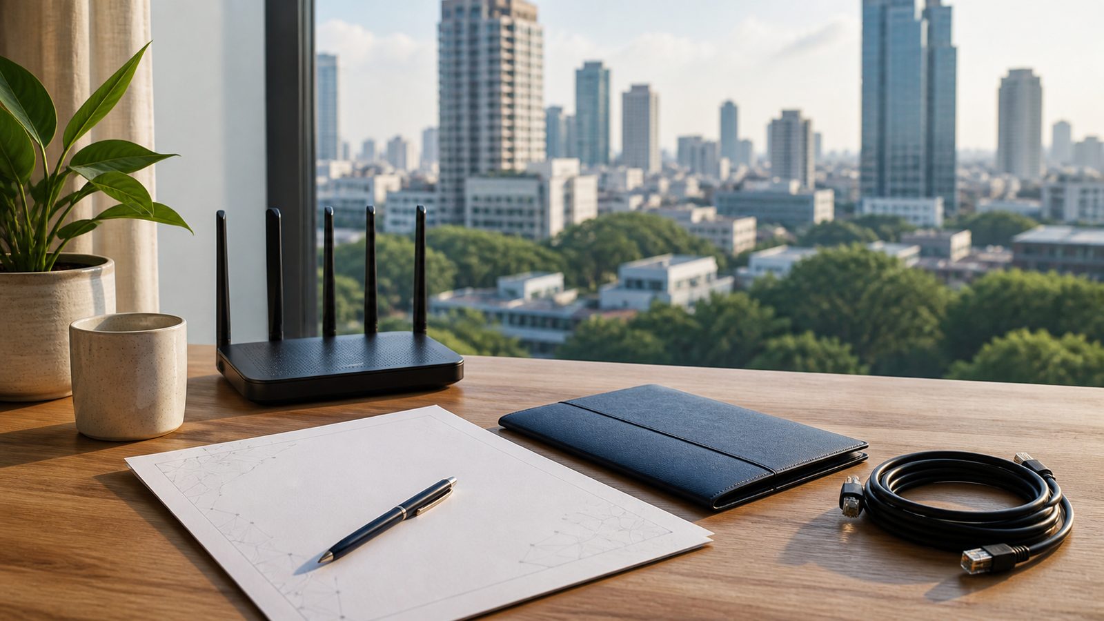 Unbranded Wi-Fi router, blank setup papers and Bangkok skyline