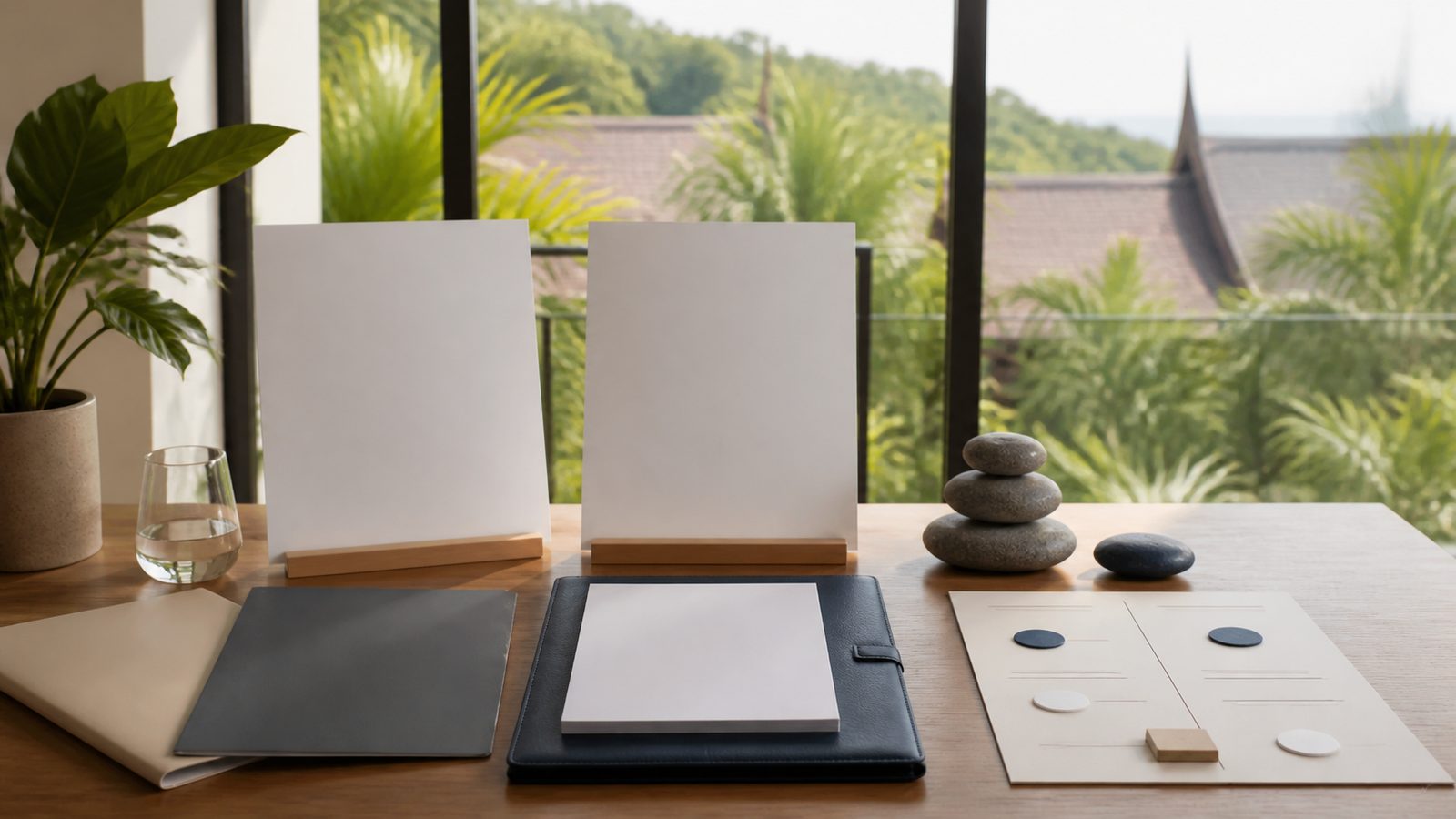 Blank retirement comparison boards, neutral folders and tropical architecture