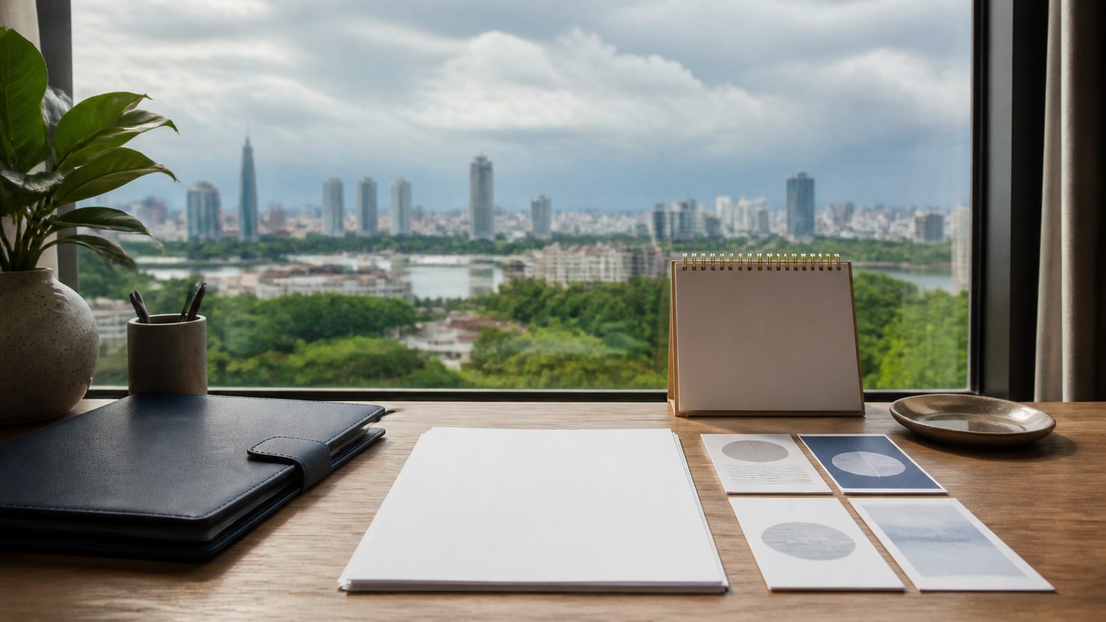 Blank seasonal planning papers, navy folio and Bangkok monsoon sky