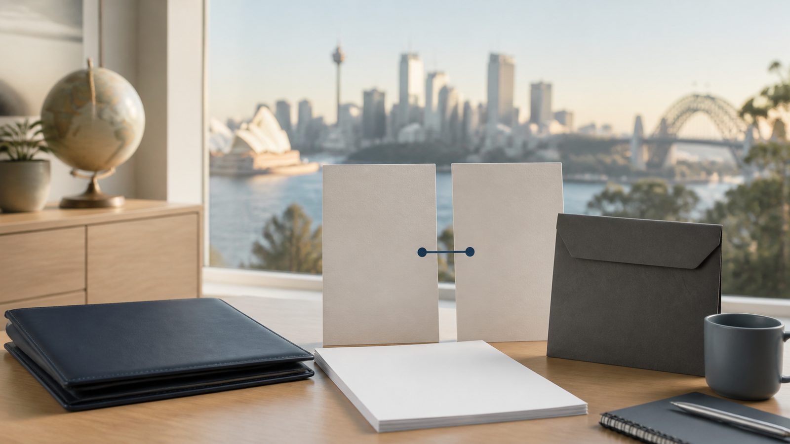 Blank Australian document legalisation papers, navy folio and abstract apostille marks overlooking Sydney