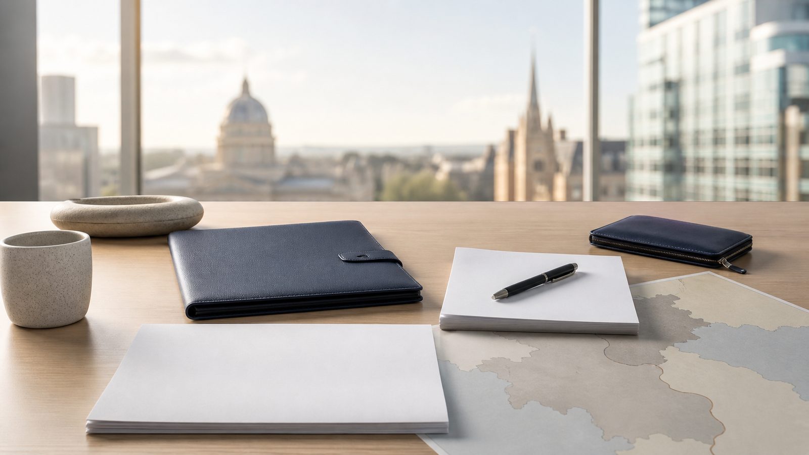Blank travel advisory planning papers, navy folio and abstract border map on an Australian office desk