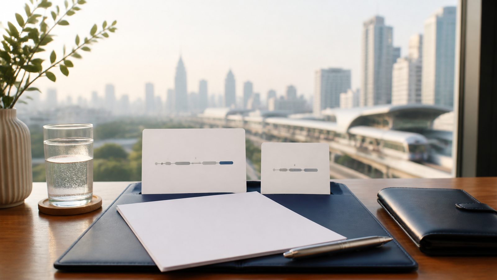 Blank visa timing papers, navy folio and abstract calendar marks overlooking Bangkok transit architecture