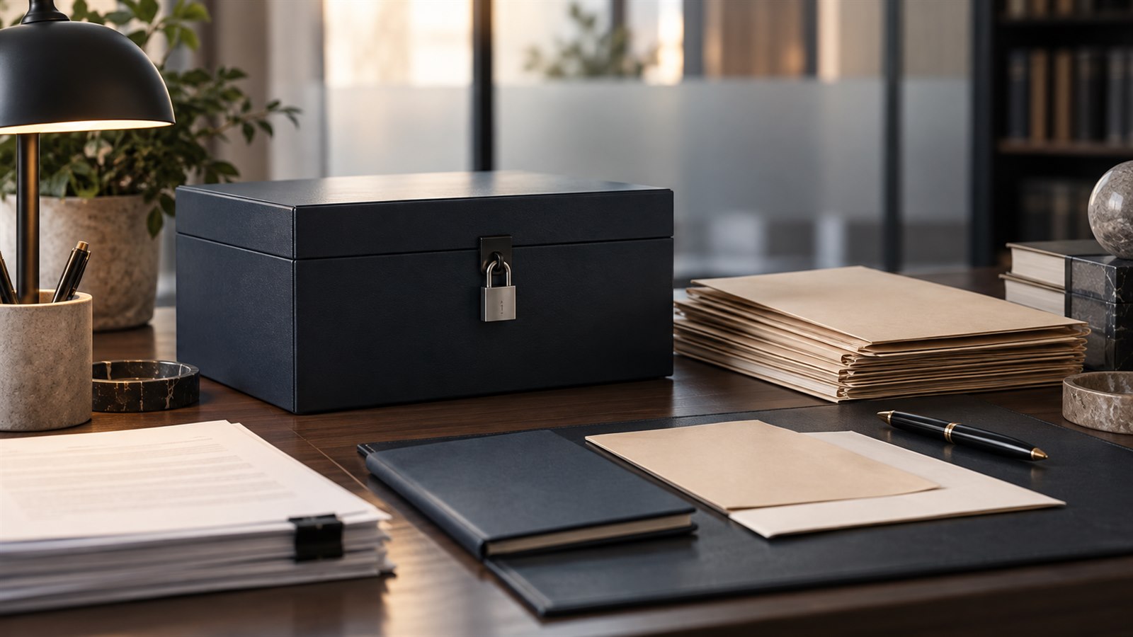 A locked document box and blank evidence folders on a quiet desk