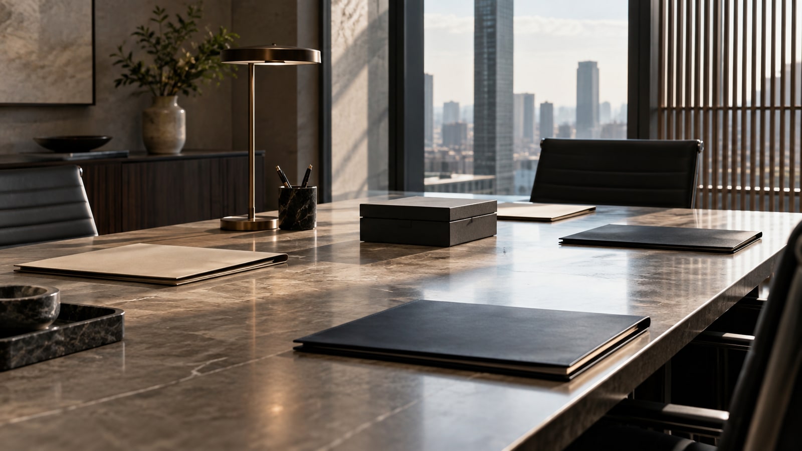 An empty boardroom table with separated blank folders and a shaded window