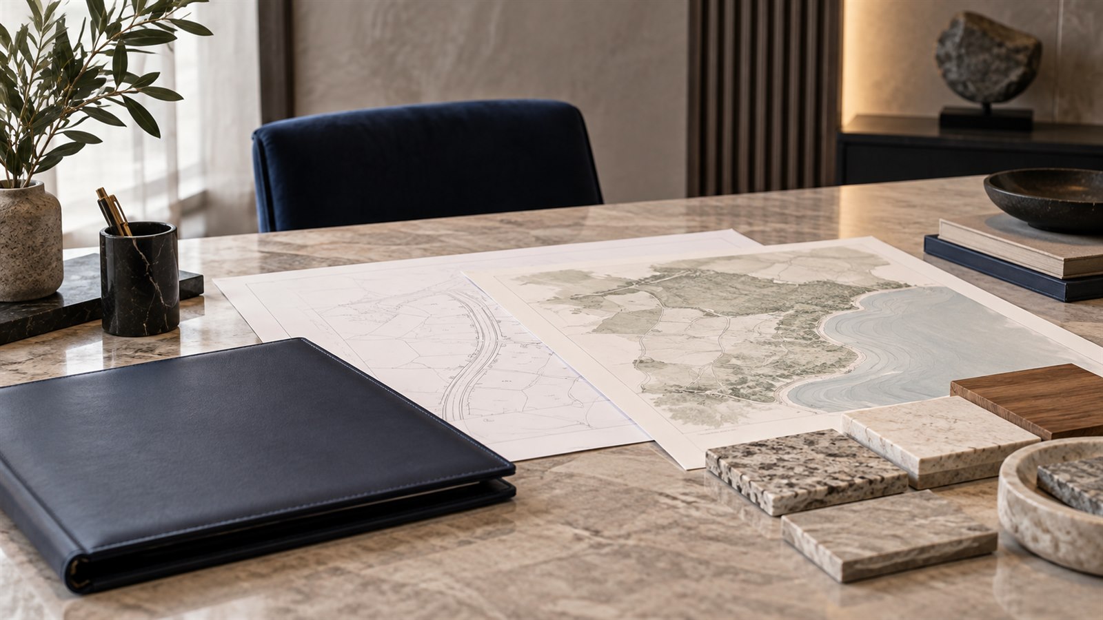 A property due diligence still life with blank plans and stone samples
