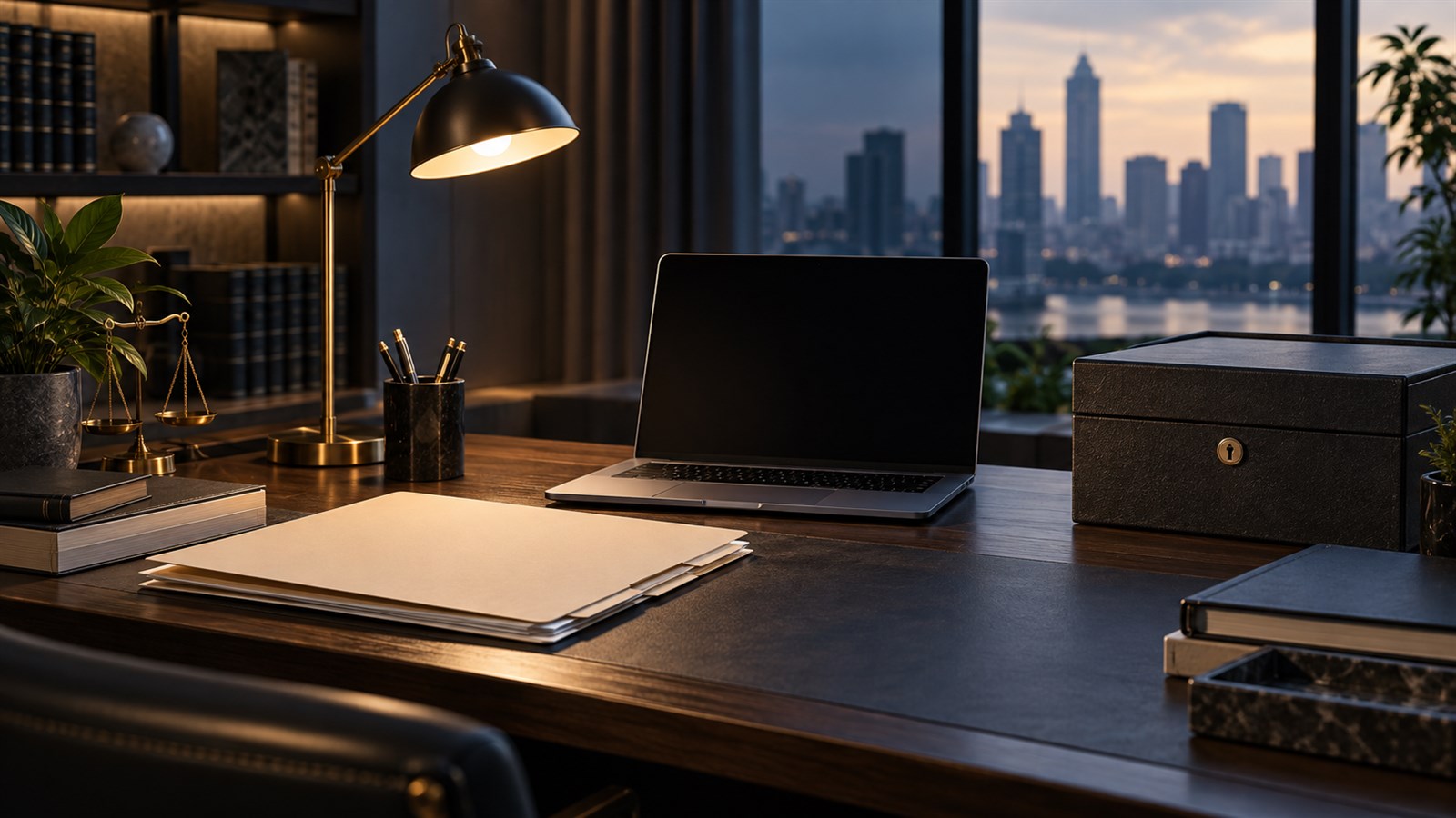 A discreet evidence folder beside a closed laptop with a dark screen