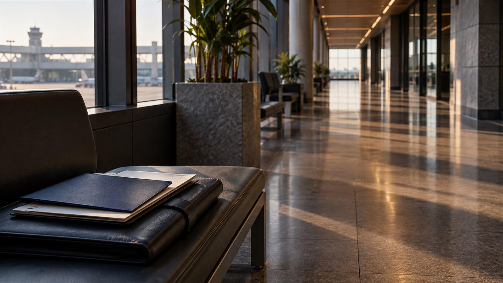 A quiet airport-adjacent corridor with blank travel folders on a bench
