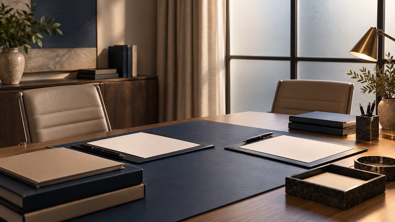 A respectful family-law document table with soft window light and no people