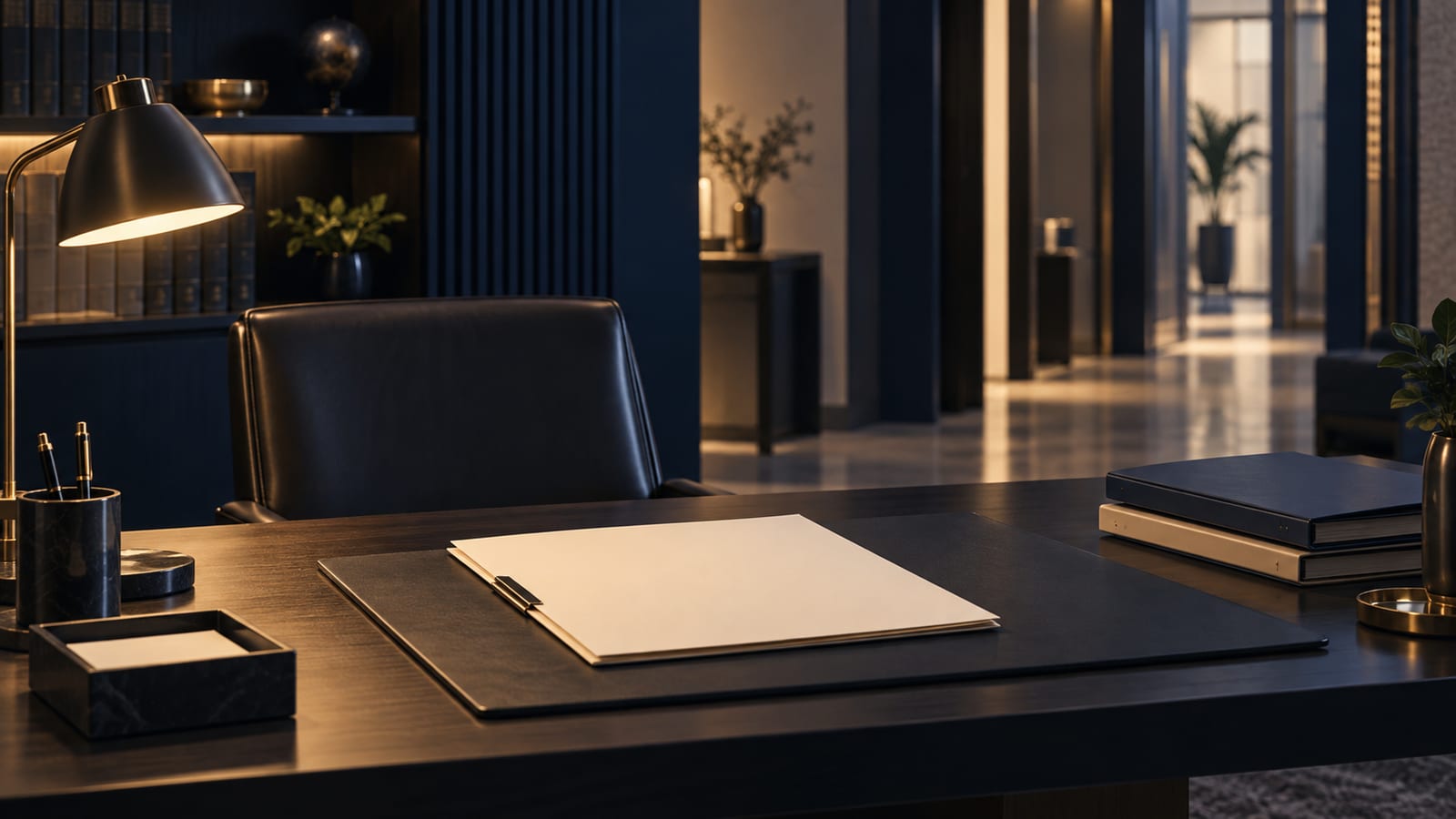 A blank statement file in a private office with anonymous corridor light