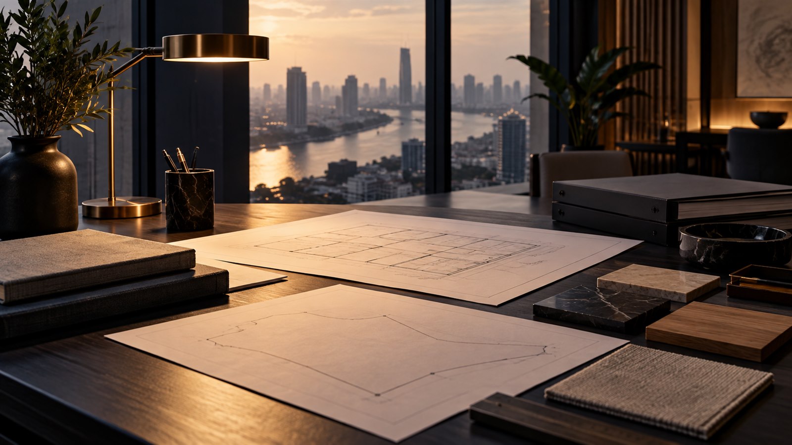 A refined property review desk with blank plans and material samples