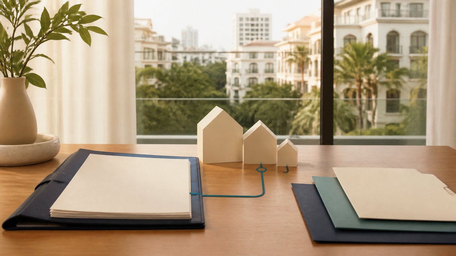 Blank dependant visa folders and paper house forms on a warm relocation desk