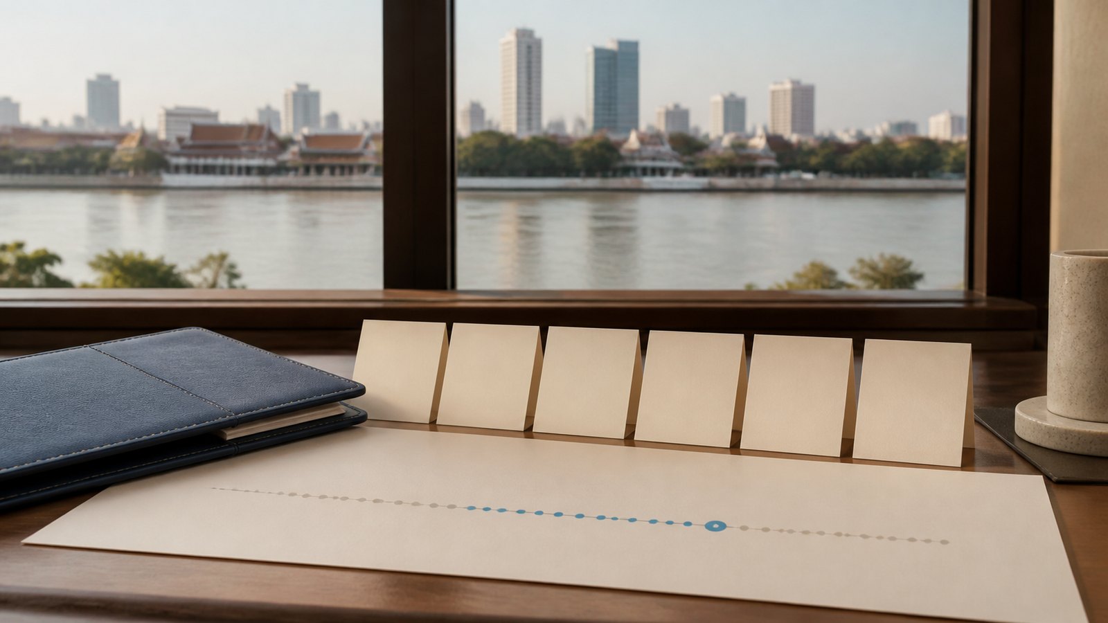 Blank calendar cards and threshold dots on a Phnom Penh riverside planning desk
