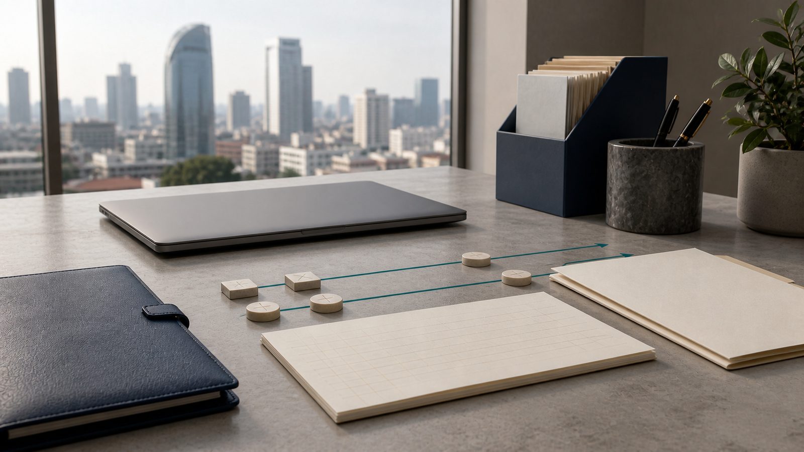 Blank employer compliance papers, navy folio and parallel process marks overlooking Phnom Penh