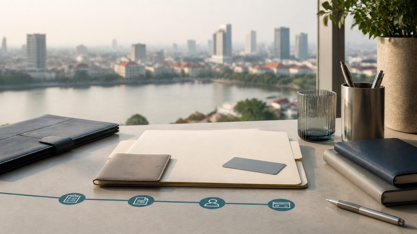 Blank account-opening folders and abstract banking workflow marks overlooking Phnom Penh
