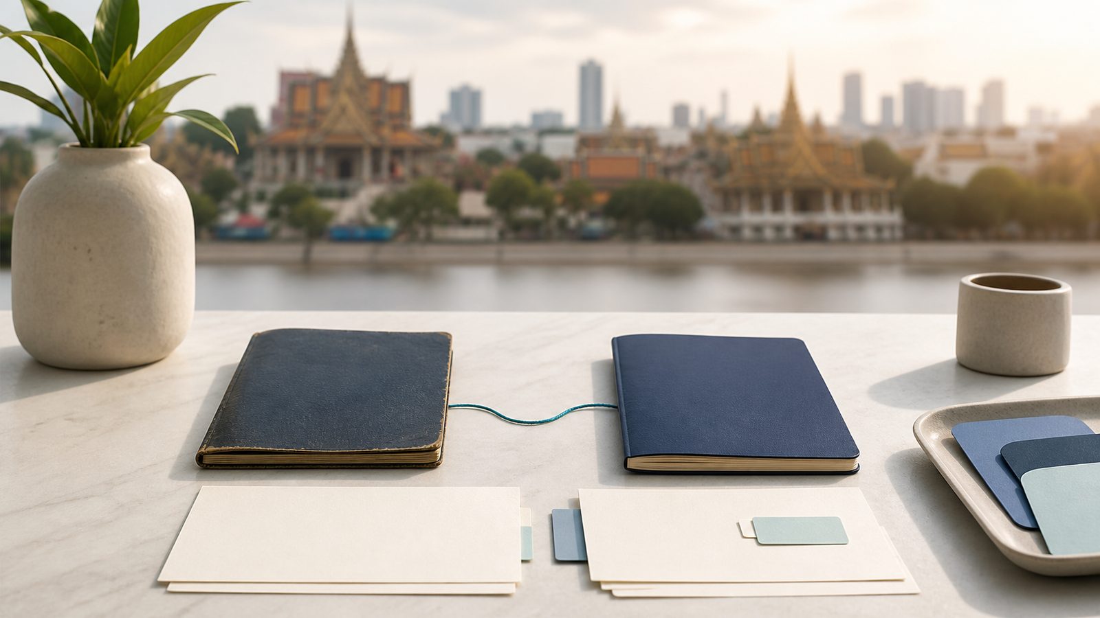 Old and new blank passport sleeves linked by a continuity line overlooking Phnom Penh