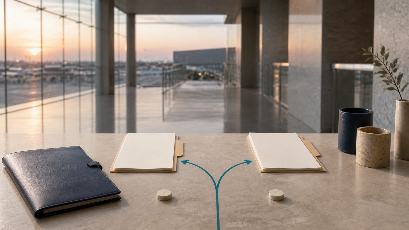 Blank arrival folders and diverging visa-route marks in quiet airport architecture