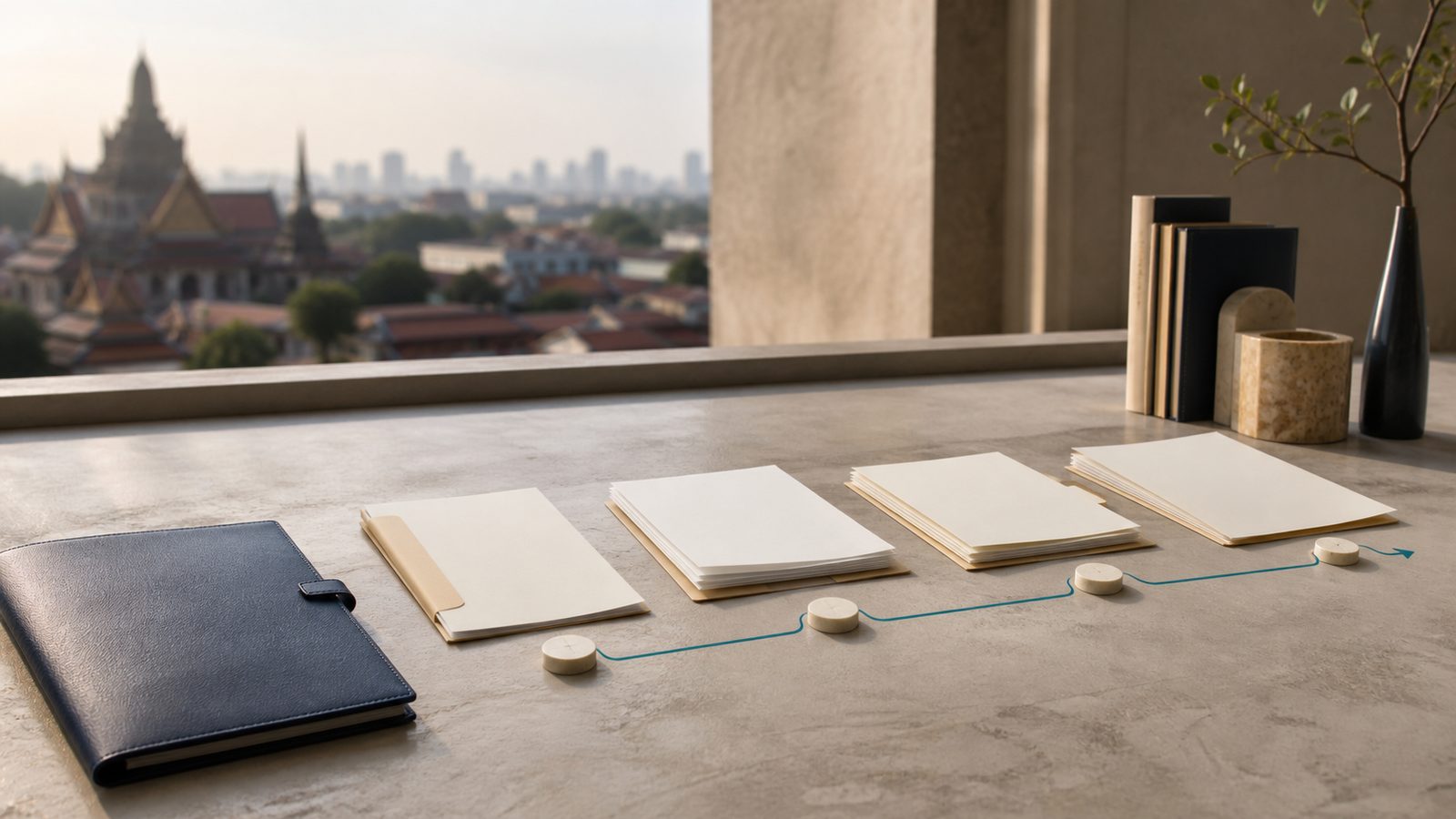 Blank document-chain folders and abstract authentication steps overlooking Phnom Penh