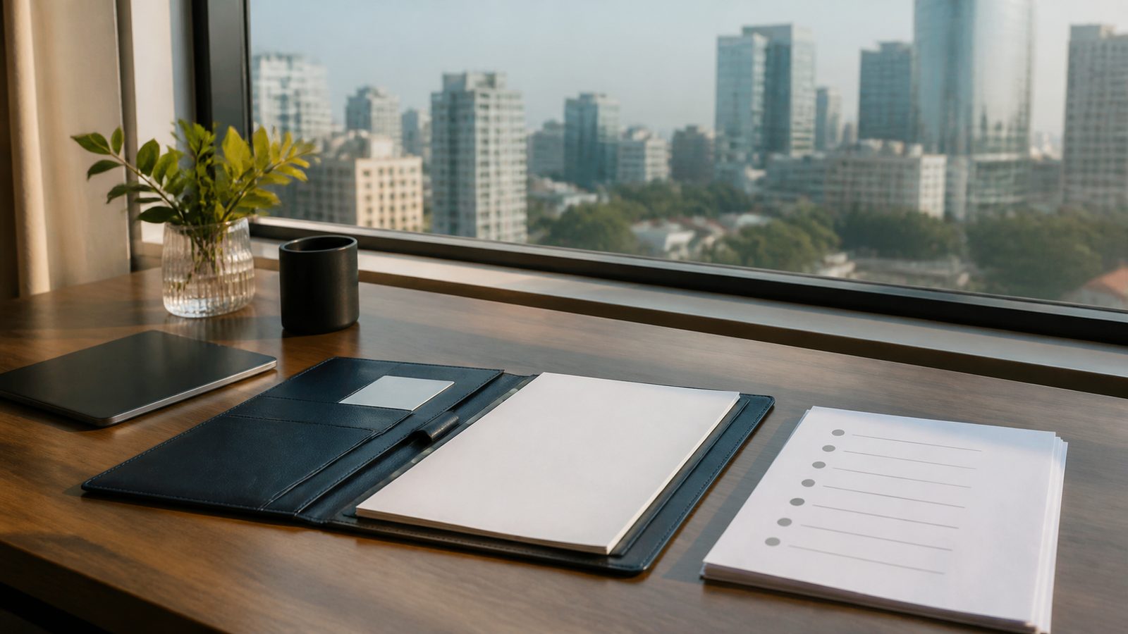 Blank Cambodia business visa planning papers, navy folio and abstract work-permit checklist marks overlooking Phnom Penh