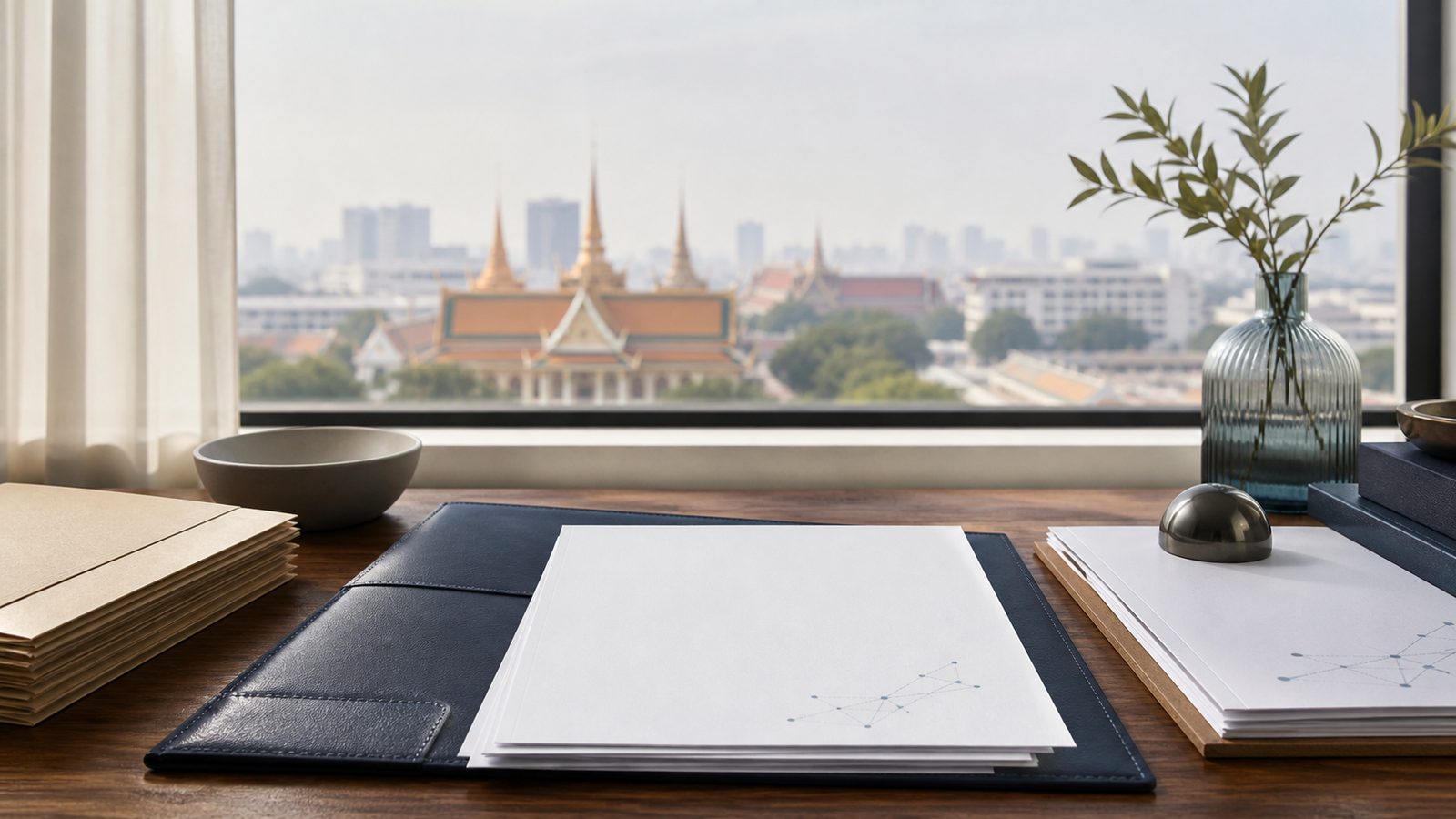 Blank document legalisation papers, navy folio and abstract authentication-chain marks overlooking Phnom Penh