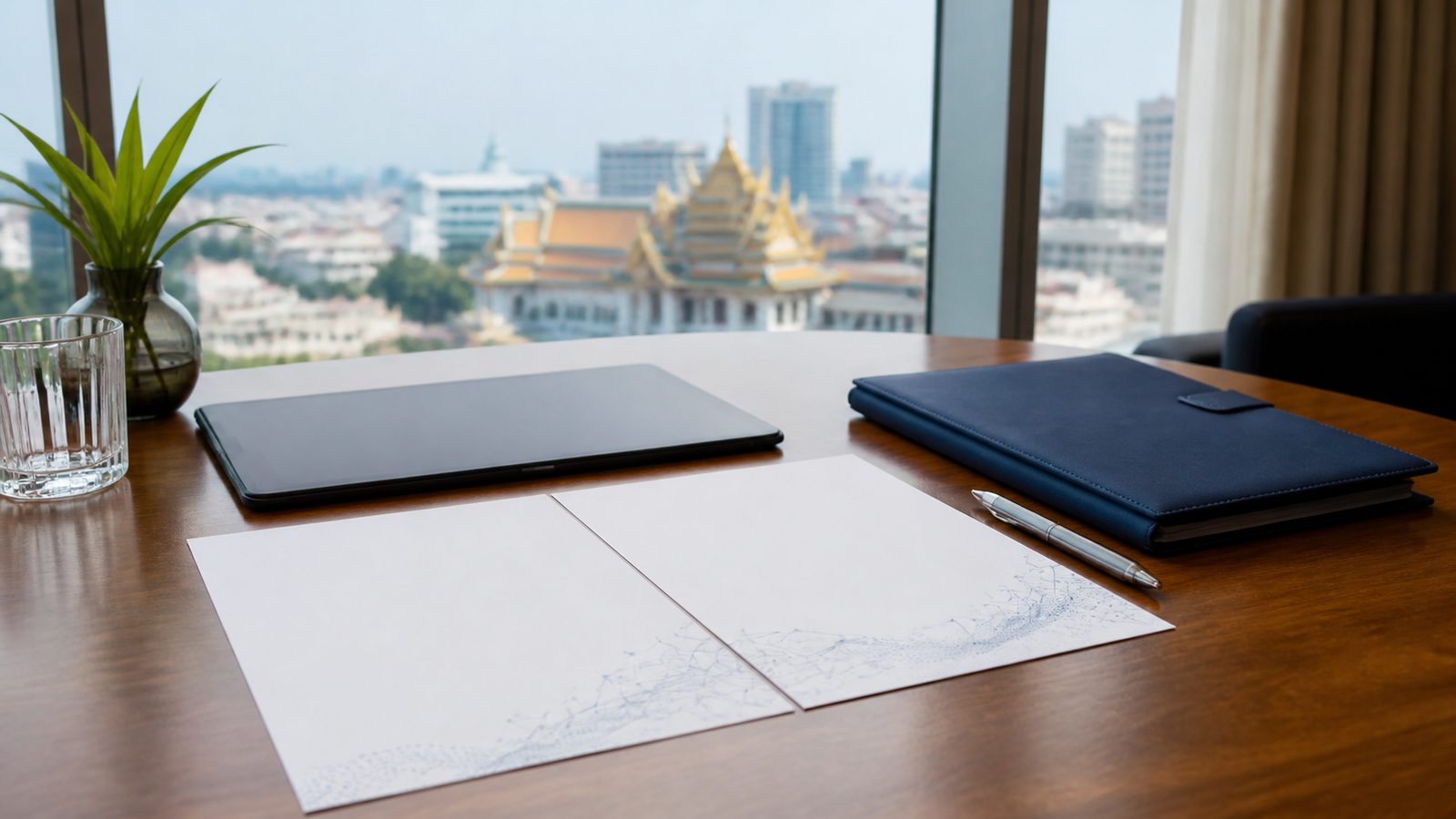 Blank Cambodia e-visa planning papers, navy folio and abstract digital approval marks overlooking Phnom Penh
