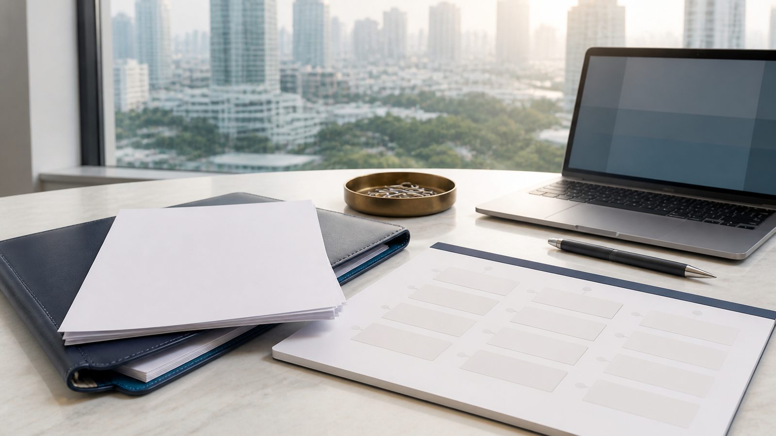 Blank reminder papers, a navy folio and an abstract planning board on a Bangkok desk for 90-day reporting
