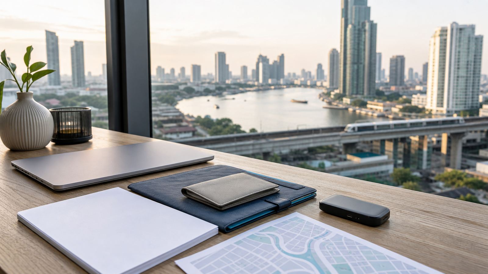 Blank remote-work planning papers, a navy folio, closed laptop and portable router above the Bangkok river skyline